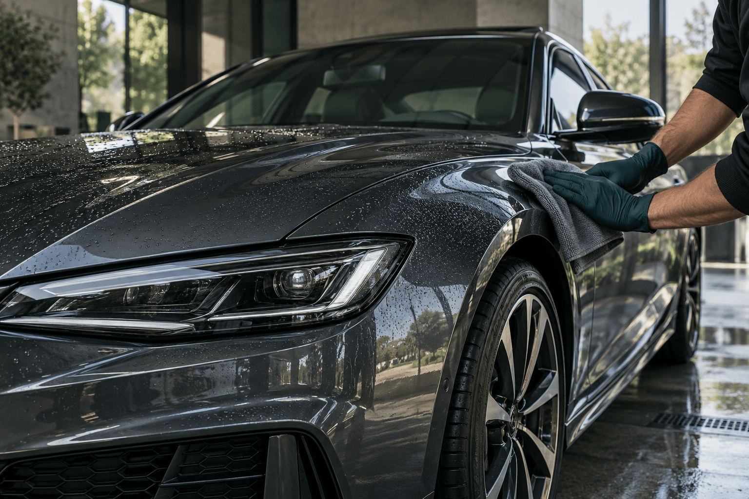 Illustrative automotive service work with a technician detailing a graphite car