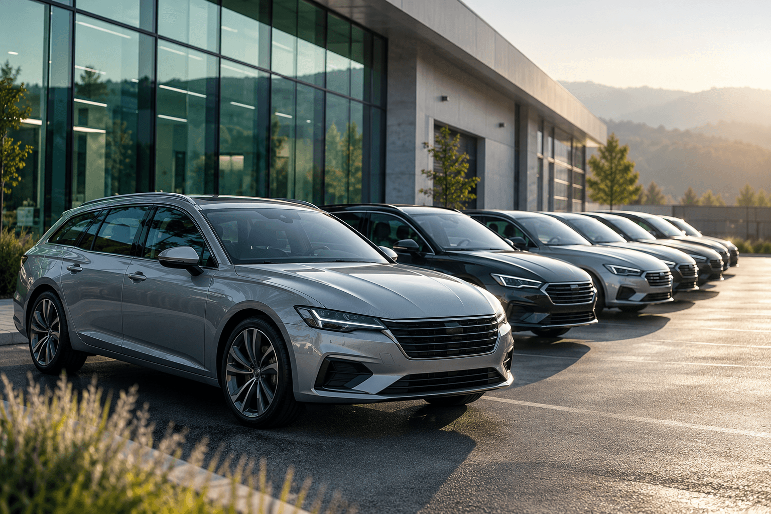 An illustrative fleet of graphite and silver cars outside a contemporary operations depot