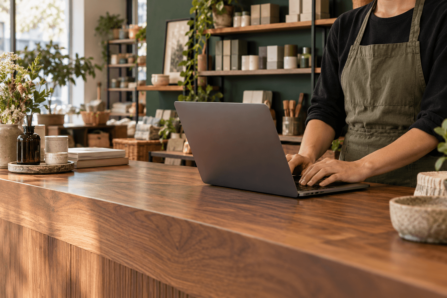 An illustrative retail workspace with a laptop on a walnut shop counter